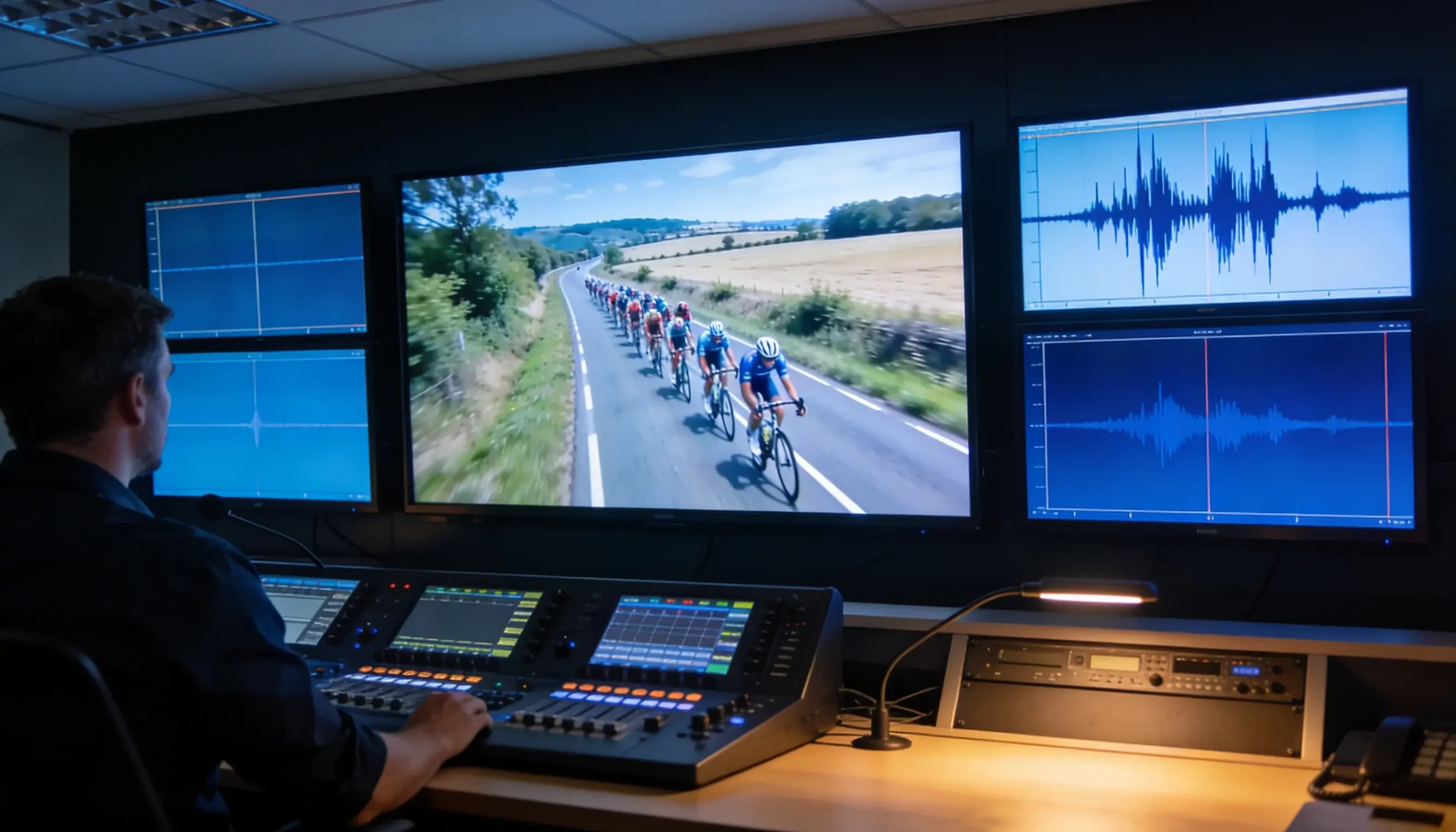 Wielerwedstrijd live gevolgd vanuit een controlekamer met meerdere beeldschermen